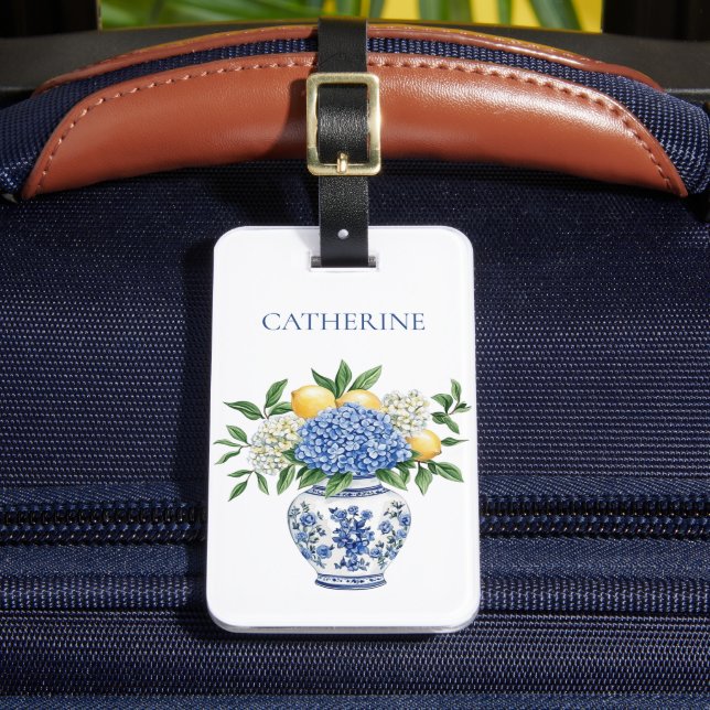 Étiquette À Bagage Vase Chinoiserie Bleu et Blanc avec hydrangées (Insitu Rectoal 2)
