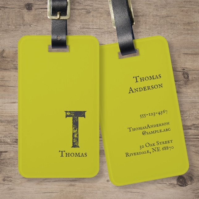 Étiquette À Bagage Vert acide uni gris initiales et nom (Créateur téléchargé)