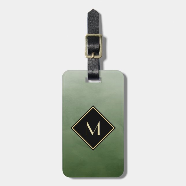 Étiquette À Bagage Vert Brossé Élégant Avec Monogramme Or Simple (Devant Vertical)