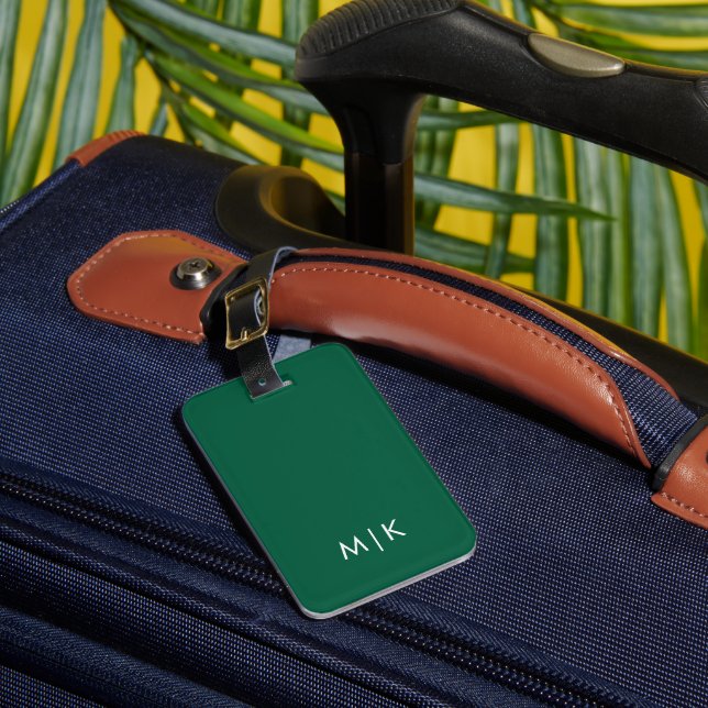 Étiquette À Bagage Vert Chasseur et Blanc Monogramme Moderne  (Insitu Rectoal 1)