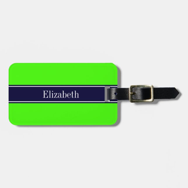 Étiquette À Bagage Vert Citron Uni, Ruban Bleu Marine Monogramme Nom (Devant horizontal)
