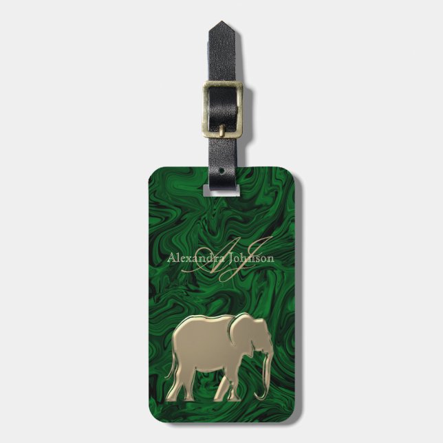 Étiquette À Bagage Vert émeraude et éléphant doré monogrammé (Devant Vertical)