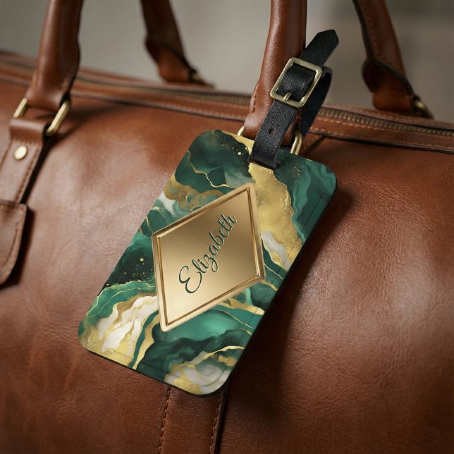 Étiquette À Bagage Vert émeraude Or Agate Marbre Luxe Glamour (Créateur téléchargé)