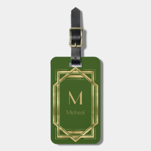 Étiquette À Bagage Vert et Or Géométrique Monogramme & Nom