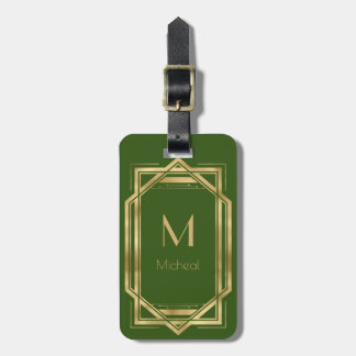 Étiquette À Bagage Vert et Or Géométrique | Monogramme & Nom