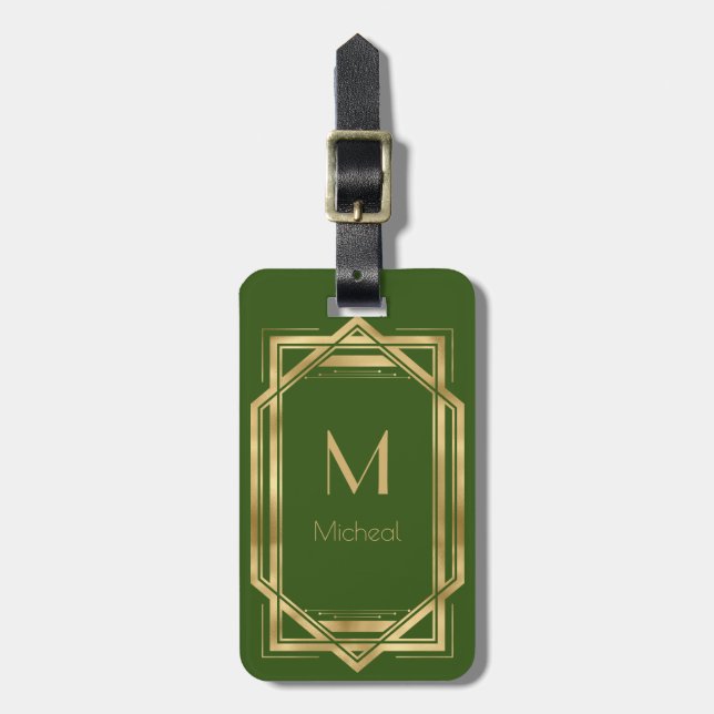 Étiquette À Bagage Vert et Or Géométrique | Monogramme & Nom (Devant Vertical)