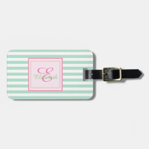 Étiquette À Bagage Vert menthe rayé Monogramme-personnalisé