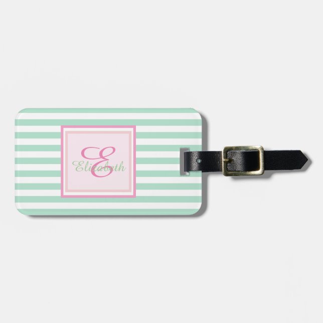 Étiquette À Bagage Vert menthe rayé Monogramme-personnalisé (Devant horizontal)