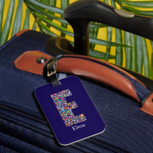 Étiquette À Bagage Vert violet jaune floral Monogramme initial E bleu