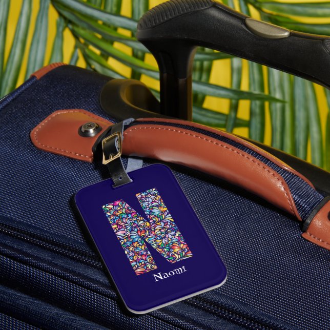 Étiquette À Bagage Vert violet jaune floral Monogramme initial N bleu (Insitu Rectoal 1)