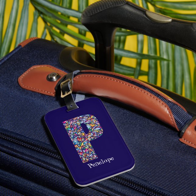 Étiquette À Bagage Vert violet jaune floral Monogramme initial P bleu (Insitu Rectoal 1)