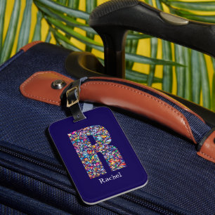 Étiquette À Bagage Vert violet jaune floral Monogramme initial R bleu