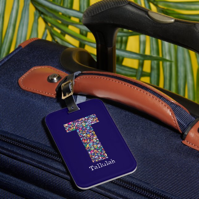 Étiquette À Bagage Vert violet jaune floral Monogramme initial T bleu (Insitu Rectoal 1)