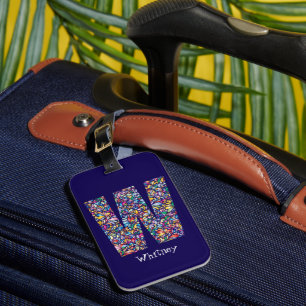 Étiquette À Bagage Vert violet jaune floral Monogramme initial W bleu