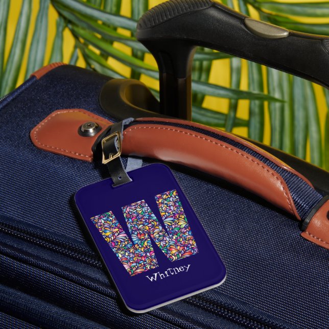 Étiquette À Bagage Vert violet jaune floral Monogramme initial W bleu (Insitu Rectoal 1)