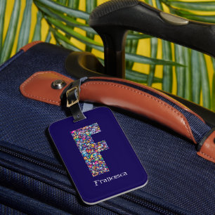 Étiquette À Bagage Vert violet jaune floral Monogramme Initiale F ble