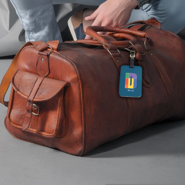 Étiquette À Bagage Vert violet jaune rouge Monogramme initial D bleu (Créateur téléchargé)