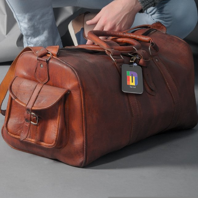 Étiquette À Bagage Vert violet jaune rouge Monogramme initial gris D (Créateur téléchargé)