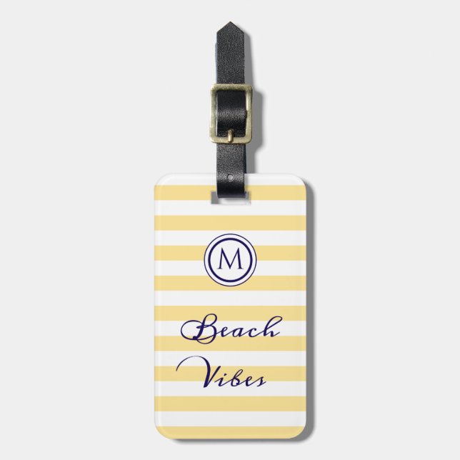 Étiquette À Bagage Vibes de Plage Rayé Jaune Blanc Monogramme (Devant Vertical)