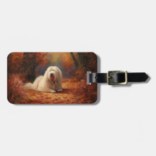 Étiquette À Bagage Vieux Chien de Berger Anglais en Automne Feuilles