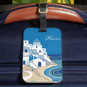 Étiquette À Bagage Village méditerranéen bleu et blanc et paysage mar
