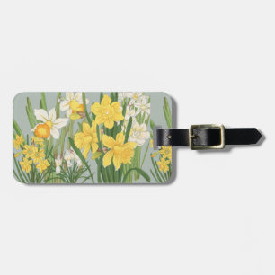 Étiquette À Bagage Vintage Art Floral Daffodile Japonais Vert Sauge