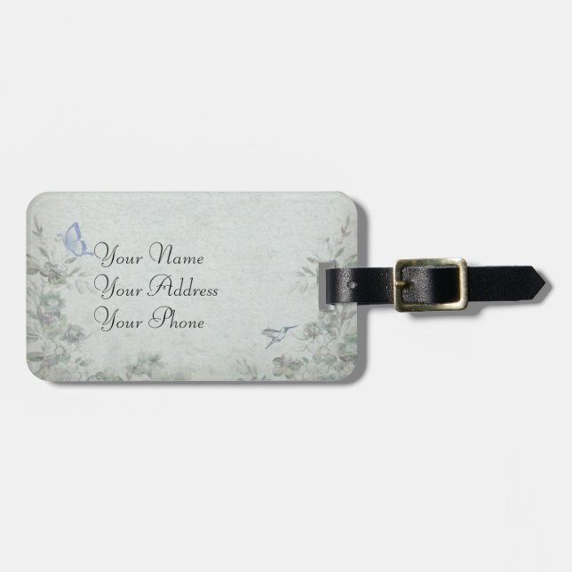 Étiquette À Bagage Vintage Floral Blue Mariage (Devant horizontal)