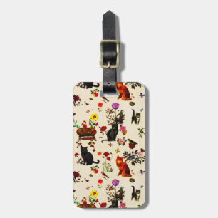Étiquette À Bagage Vintage Orange Black Cats Jardin Floral