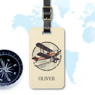 Étiquette À Bagage Vintage Red Green Biplane Personnalisé
