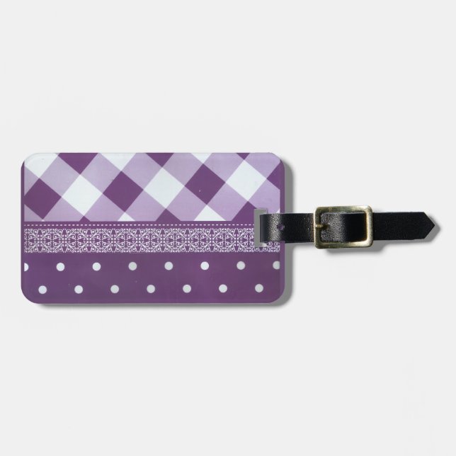 Étiquette À Bagage Violet blanc À damiers Polka Dot Floral Damask Art (Devant horizontal)