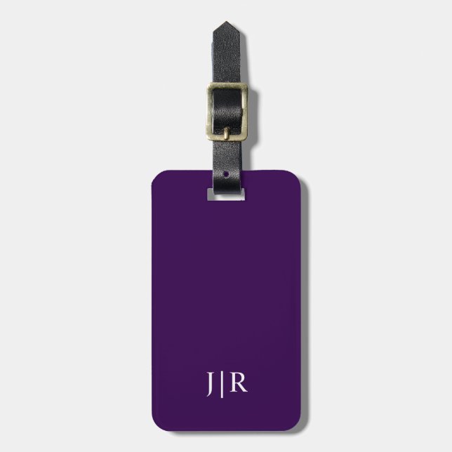 Étiquette À Bagage Violet foncé et blanc I Monogramme moderne  (Devant Vertical)