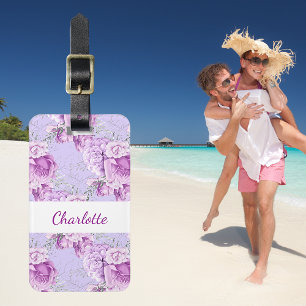 Étiquette À Bagage Violet rose roses fleurs blanc nom