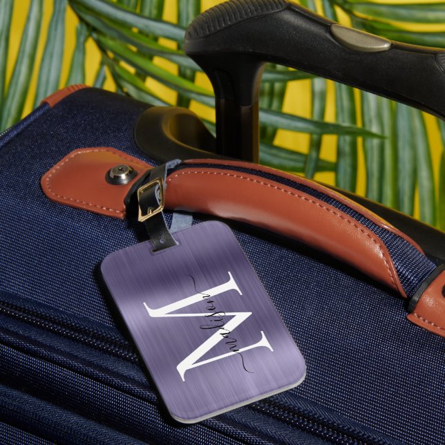Étiquette À Bagage Violet violet violet brossé métal Script Monogramm (Insitu Rectoal 1)