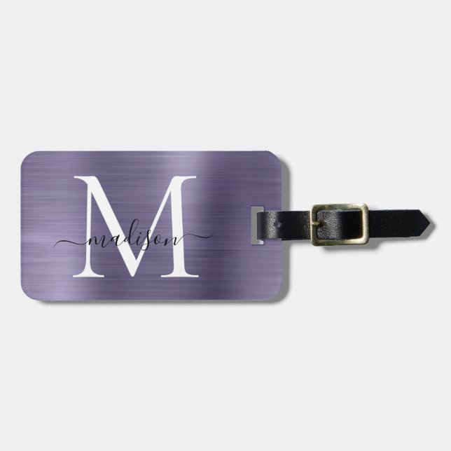 Étiquette À Bagage Violet violet violet brossé métal Script Monogramm (Devant horizontal)