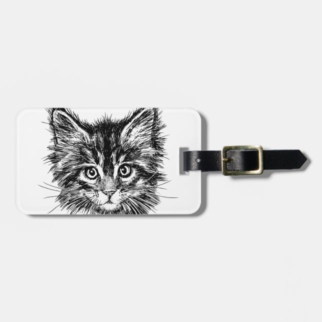 Étiquette À Bagage Visage de Kitten noir et blanc (Devant horizontal)