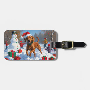 Étiquette À Bagage Vizsla courant dans la neige avec un chapeau de No