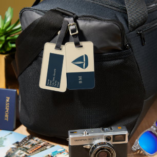 Étiquette À Bagage voilier bleu marine & Monogram Beige Maison côtièr