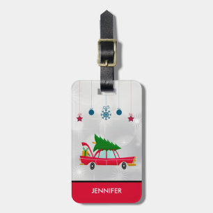 Étiquette À Bagage Voiture Rouge Rétro Transportant un Sapin de Noël