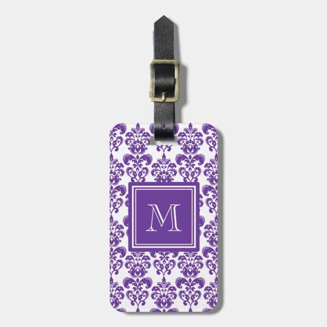 Étiquette À Bagage Votre monogramme, motif pourpre foncé 2 de damassé (Devant Vertical)