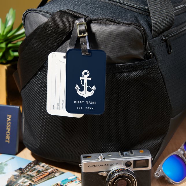 Étiquette À Bagage Votre nom de bateau Ancre Bleue (Recto & Verso)