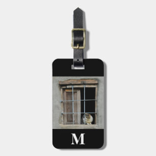 Étiquette À Bagage Voyage Chat Monogrammé Regardant par la Fenêtre