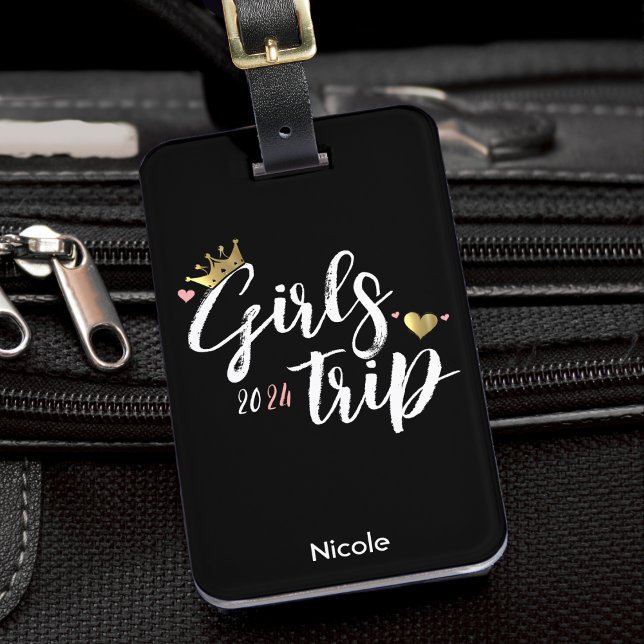 Étiquette À Bagage Voyage Couronne Dorée Cœur Rose Filles (Girls Trip Gold Crown Pink Heart Vacation Luggage Tag)