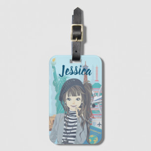 Étiquette À Bagage Voyage de Cute Girl World illustré personnalisé