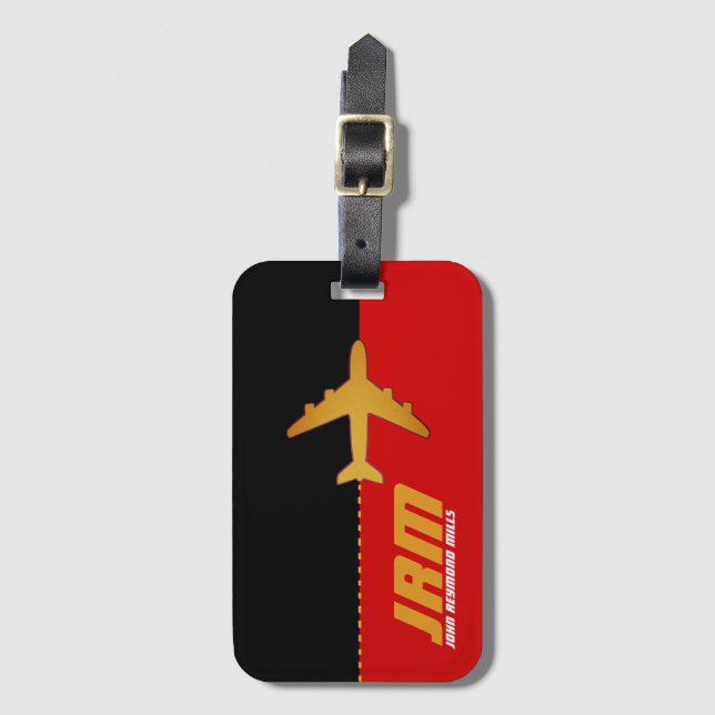 Étiquette À Bagage voyage de l'avion monogrammé rouge/noir (Devant Vertical)