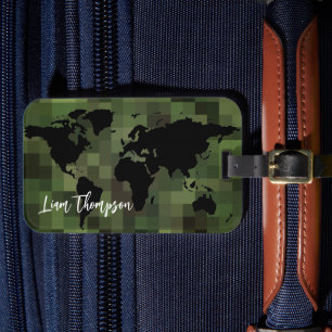 Étiquette À Bagage Voyage en pixels verts Worldmap