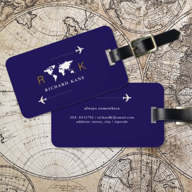 Étiquette À Bagage Voyage international monogramme bleu foncé (Créateur téléchargé)