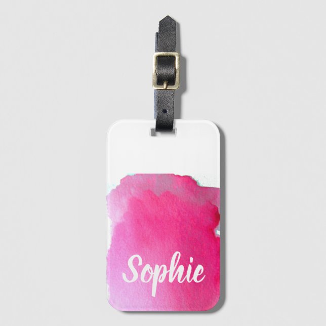 Étiquette À Bagage Voyage personnalisé par aquarelle rose de style (Devant Vertical)