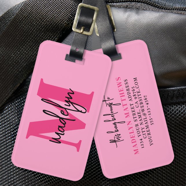 Étiquette À Bagage Voyageur rose chaud Nom initial Monogramme (Hot Pink Traveler Initial Name Monogram Luggage Tag)