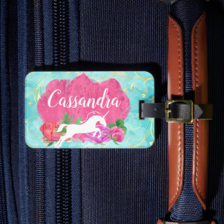 Étiquette À Bagage Watercolor Flower Unicorn Pink Blue Girls