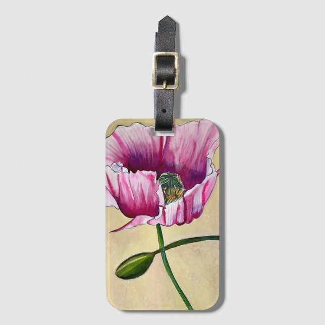 Étiquette À Bagage Watercolor pink poppy art flower (Devant Vertical)